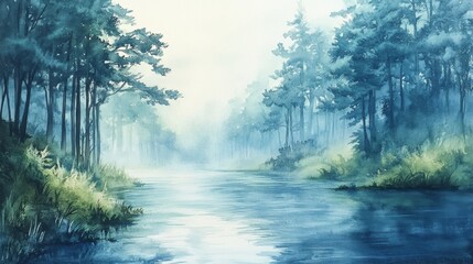  Misty forest river landscape, painted in soft blues and greens.