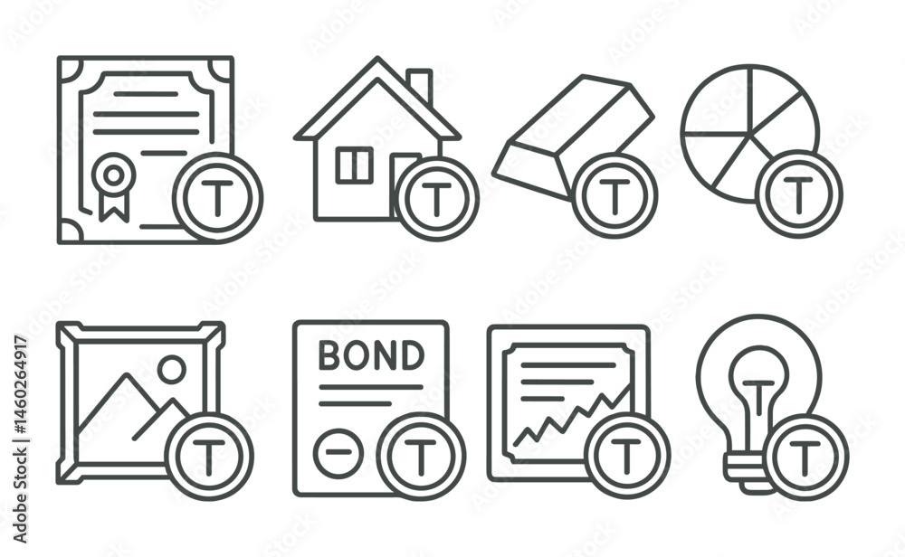 Line style icons of tokenization: tokenized asset certificate, real ...