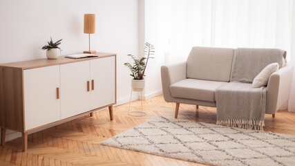 Aufkleber - Living Room Interior Background With Comfortable Couch And Indoor Plants, Drawer And Carpet. Modern House Interiors And Apartments Design, Minimalistic Furnishing Style Concept.