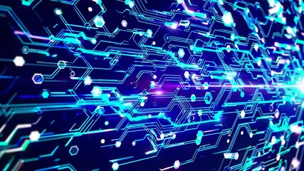 Poster - Complex network of glowing lines and hexagons expands and evolves, representing a futuristic circuitry or technological system, with light effects and dynamic movement