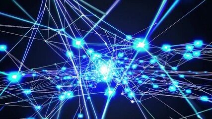 Poster - Bright blue nodes are connecting, creating a complex network expanding in a dark digital environment with data flowing through the connections