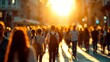 © OLHA - A group of people walking down a city street at sunset