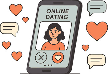 Poster - Vector illustration of online dating app with match profile, heart icons, chat bubbles, and mobile interface. Trendy flat design for lifestyle products