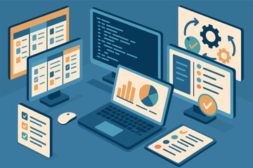 Poster - Vector illustration in isometric style of digital workspace with multiple monitors, project management boards, and task automation tools