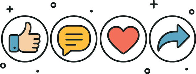 Aufkleber - Vector illustration in outline + fill style of social media interactions with thumbs up, comment, heart, and share icons