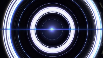 Poster - Abstract animation features glowing futuristic concentric circles expanding, pulsating, and emitting bright light against a black background, creating a mesmerizing visual effect