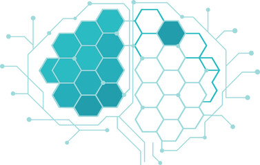 Poster - Vector illustration in geometric style of abstract brain made from connected hexagons and data lines