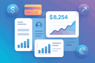 Fototapete - Vector illustration in gradient style of fintech dashboard with smooth curved UI panels and floating financial icons