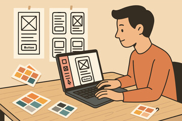 Poster - Vector illustration of a user interface designer at work with open laptop, wireframes on the wall, prototyping tool on screen, and color palette samples scattered around