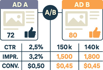 Fototapete - Vector illustration of A/B testing performance of two ads showing likes, CTR, impressions, conversions, and cost-per-click comparisons