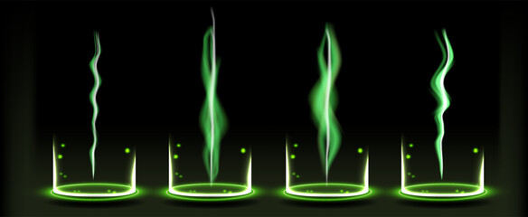 Poster - Colorful green smoke rises from glass containers in an artistic display of science and creativity at night.