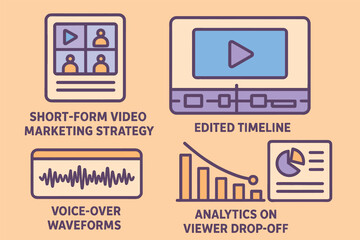 Poster - Vector illustration of short-form video marketing strategy with scriptboard, edit timeline, voice-over waveforms, subtitles, and analytics on viewer drop-off