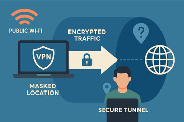 Poster - Vector illustration of VPN protection in public Wi-Fi scenario showing encrypted traffic, masked location, and secure tunnel animation