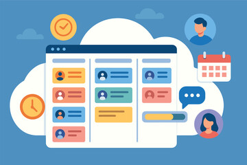 Poster - Vector illustration of cloud-based project management software with Kanban board, deadlines, progress bars, and team collaboration tools
