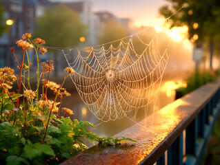 Wall Mural - Spiderweb glistening with dew between rusty 
