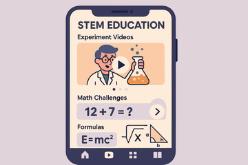 Poster - Vector illustration of mobile app UI for STEM education with experiment videos, math challenges, and formula reference tools
