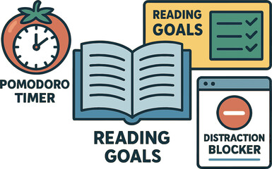 Poster - Vector illustration of productivity-enhancing reading method with Pomodoro timer, reading goals, and distraction blocker UI