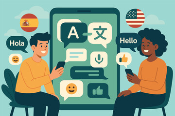 Poster - Vector illustration of a language exchange platform where two people from different countries chat with text, voice, and emoji translation tools