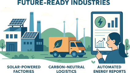 Poster - Future-ready industries — Vector illustration of solar-powered factories, carbon-neutral logistics, and automated energy reports