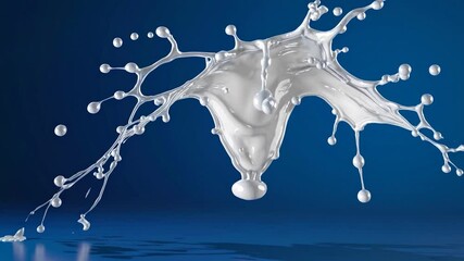 Poster - Smooth white liquid splashing up from a flat blue surface, creating a crown-like shape with droplets and thin streams, isolated on a vibrant blue backdrop