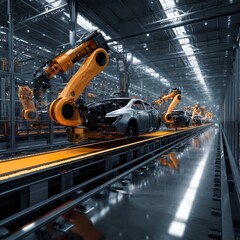 Poster - Automated Vehicle Assembly Line with Robotic Arms in a Manufacturing Facility
