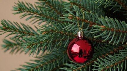 Poster - Festive red glass ornament dangling from evergreen fir branch against neutral background, capturing winter holiday decoration essence