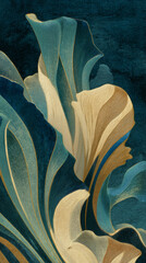 Poster - Abstract art print featuring teal, beige, and gold textured floral shapes, creating a luxurious and elegant design, ideal for home dÃ©cor or branding