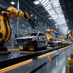 Poster - Automated vehicle production with robotic arms in a modern industrial setting