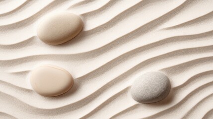 Poster - Serene Beige and Grey Stones on White Sand Peaceful Zen Garden Minimalist Abstract Background Texture Design Spa Wellness Meditation Tranquility Nature Still Life Photography Image art calm 