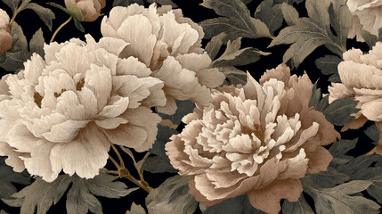 Poster - Close-up of beige peonies and leaves on black background, textured like embroidery, conveying elegance, sophistication, and natural beauty, ideal for design projects
