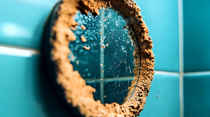 Poster - Dusty Round Mirror with Faded Edges and Soft Bokeh on Teal Tiles