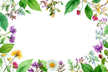 Wall Mural - Vibrant arrangement of various watercolor flowers and lush green leaves forms decorative border around blank space for text