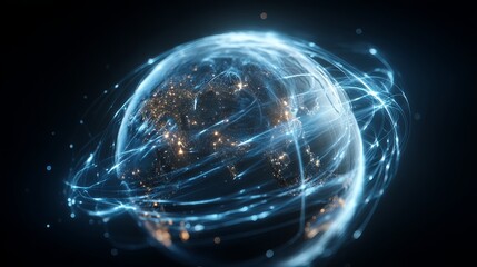 Wall Mural - stunning global network visualization digital earth abstract blue light connections 3d data dark