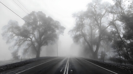 Poster - A black and white photo of a foggy road