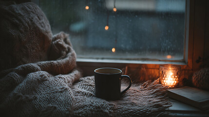 Poster - A blanket, mug, and candle sit on a window sill, ai