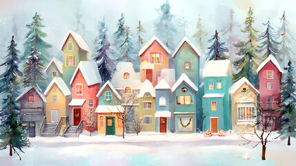 Poster - A charming winter scene featuring colorful houses adorned with snow, surrounded by evergreen trees and festive decorations, soft pastel colors create cozy, joyful atmosphere