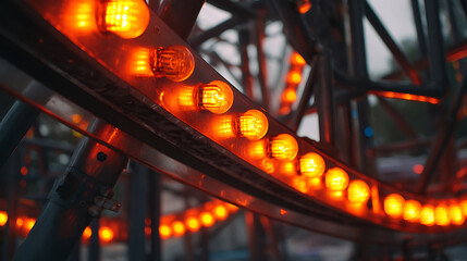 Poster - A close up of a metal structure with orange and yellow lights, ai