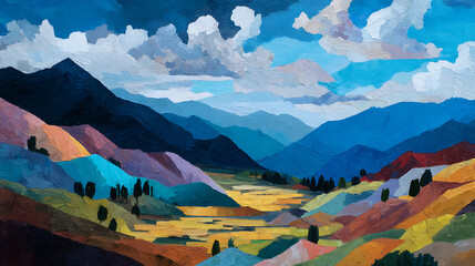 Aufkleber - A colorful painting of a landscape with mountains and hills, ai