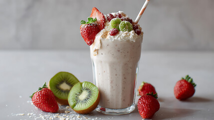 Poster - A milkshake with strawberries, kiwis, and other toppings