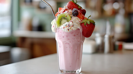 Poster - A milkshake with strawberries, kiwis, and other toppings