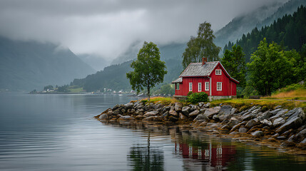 Aufkleber - A red cottage of the norwegian culture and architecture in norway near lake, lake house, stunning scenery of lake, misty mountains background
