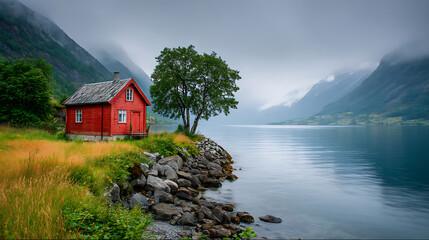 Aufkleber - A red cottage of the norwegian culture and architecture in norway near lake, lake house, stunning scenery of lake, misty mountains background