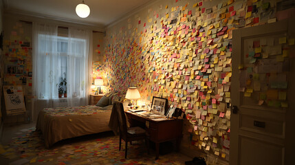 Aufkleber - A room with many sticky notes on the wall, ai