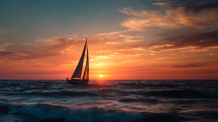 Poster - A sailboat sailing on the ocean at sunset