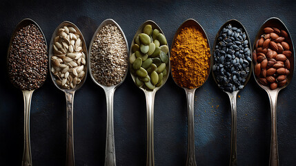 Poster - A row of spoons filled with different types of seeds