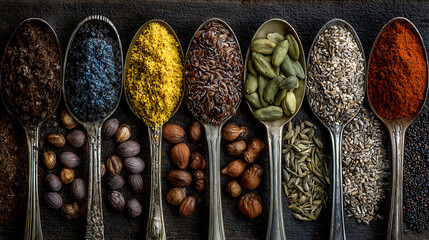 Poster - A row of spoons filled with different types of seeds