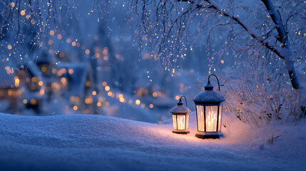Poster - A serene winter scene featuring two lanterns glowing softly in snow, surrounded by frosty landscape and twinkling lights, this image captures warmth and magic of holiday season