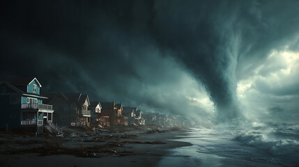 Aufkleber - A tsunami hit a seaside town, apocalyptic dramatic background, giant tsunami waves, dark stormy sky, tornado, huge waves tsunami big waves, digital art