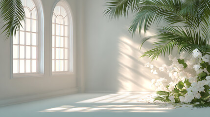 Poster - A white studio background is available for product presentation, the room is empty with window shadows, flowers, and palm leaves, it is a 3d room with copy space, the backdrop is blurred, creating