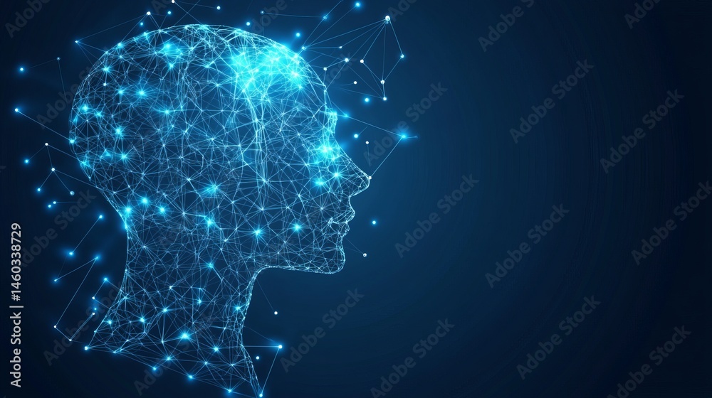 Abstract digital head profile network connection lines art data mind ...